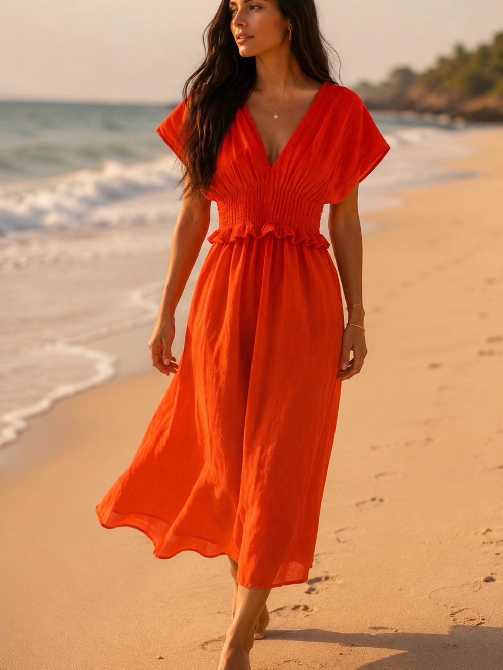Sea Orange V-Neck Smocked Waist Maxi Dress